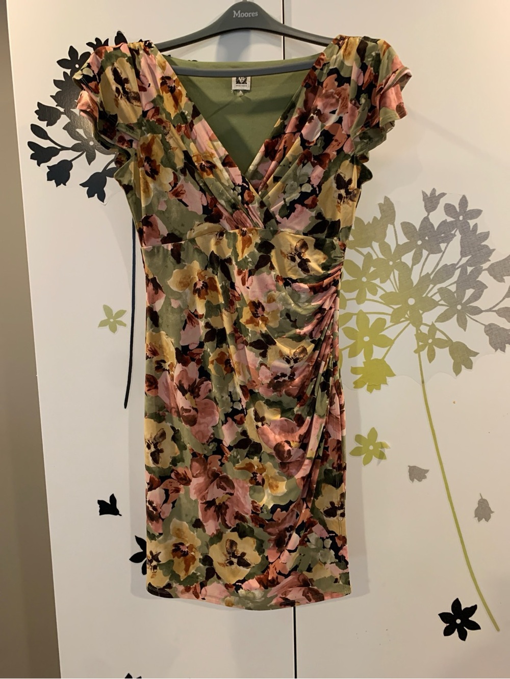 Anne Klein Olive Green Floral Midi Wrap Dress with Pink & Yellow Blooms